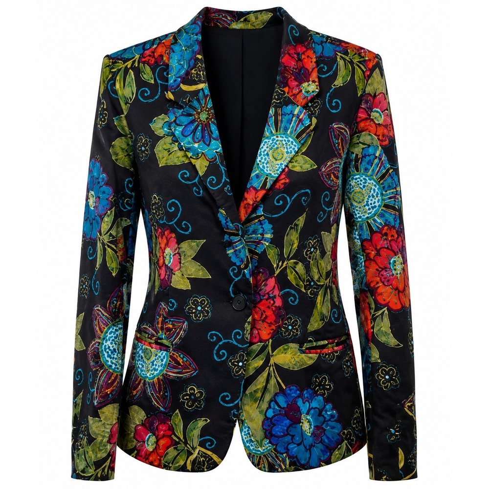 Funky Dopamine Blazer Women Size 2 Black Cottagecore Floral Artsy Print